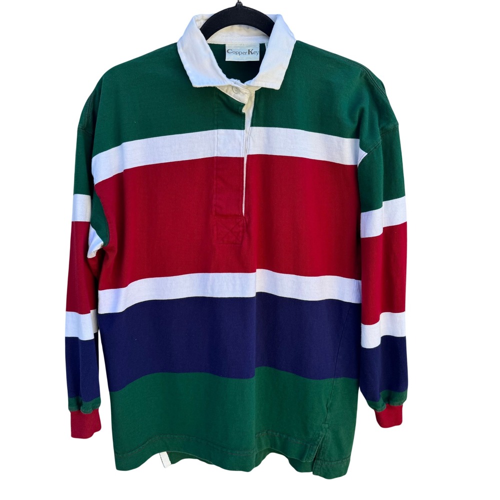 Copper Key Vintage Mens S Rugby Shirt Long‎ Sleeve Striped Green Red Navy White